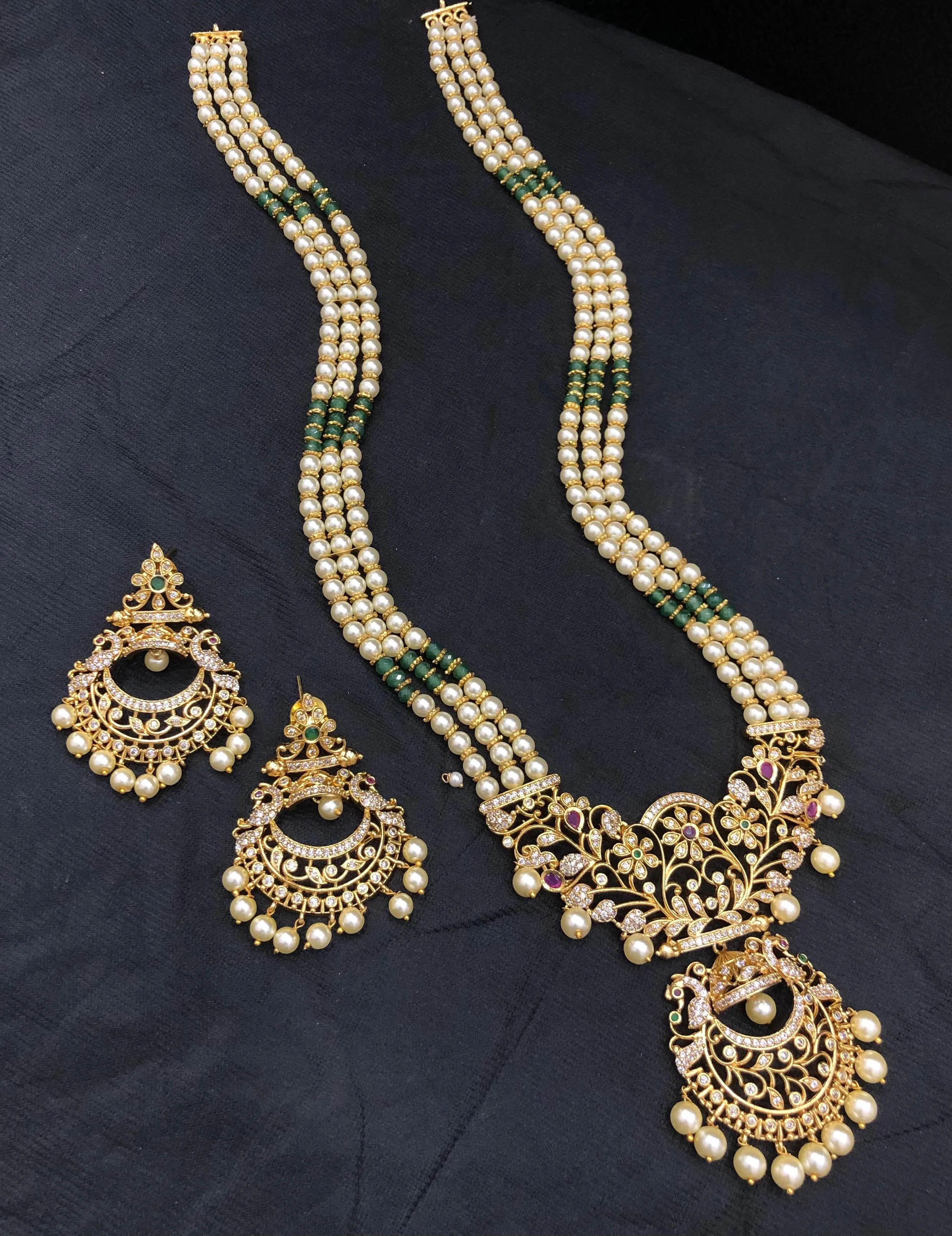 Antique CZ AD Stone Pearl Beads Long Haram
